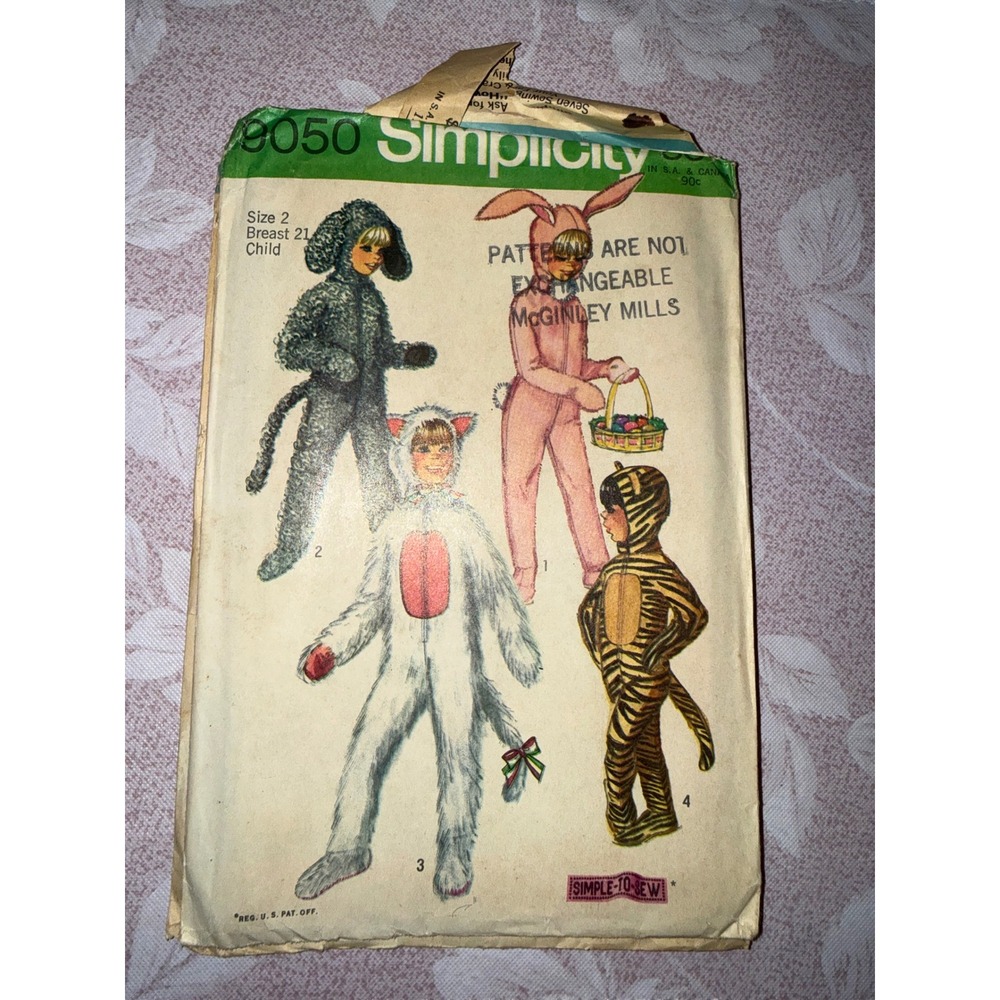Vintage Simplicity 9050 Animal Costume Sewing Pattern Size 2 Rabbit Cat Tiger